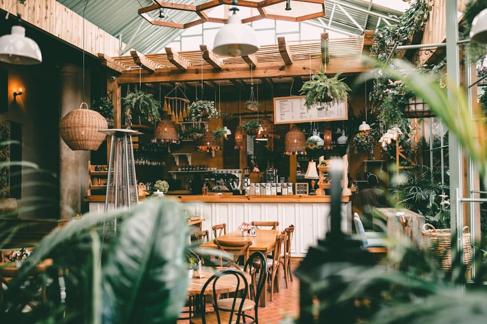 A plant-filled coffee shop interior