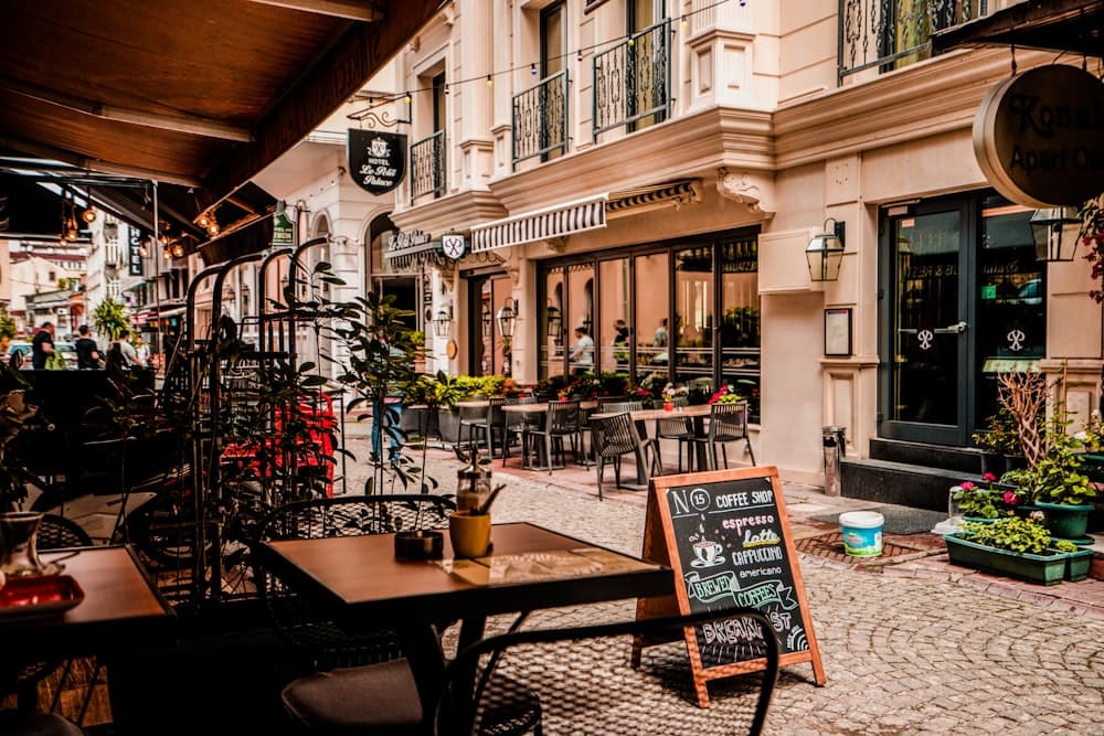 Sidewalk tables outside the coffee house